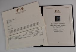 1840 GB 2d blue, four clear margins, red MX, in Harrington & Byrne presentation folder with