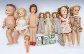 Nine Palitoy, Dee & Cee and similar dolls including a bride and two bridesmaids, largest 37cm tall.