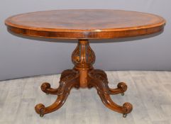 Victorian tilt top breakfast table with walnut and birds eye maple top, L120 x D85 x H72cm