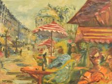 Pauline impressionist oil on canvas bustling French street scene, signed lower left and inscribed