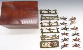 A vintage horse racing game with metal figures, in two fitted mahogany boxes