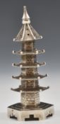 Chinese silver novelty pepper formed as a temple, with character marks to base, height 8.5cm