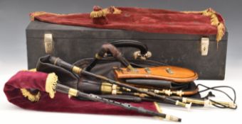 Northumbrian hardwood small pipes with brass fittings, with many accessories, 'Heritage Small Pipes'