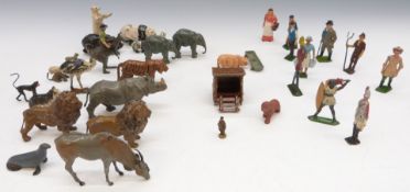 Thirty-four Britains and similar lead model farm and zoo animals, soldiers, farm workers and