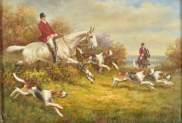 Oil on board hunting scene with rider jumping a hedge, 12.5 x 17.5cm
