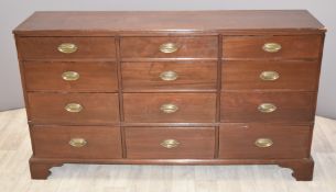 Georgian or Victorian, mahogany chest or bank of twelve drawers, W154 x D38 x H88cm