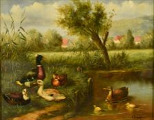 Chagen oil on board ducks and ducklings on a pond with houses beyond, signed lower right, 19 x 24cm,