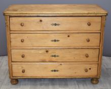 Vintage pine chest of four long drawers, W124 x D64 x H97cm