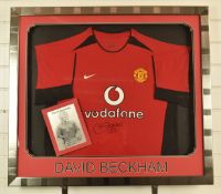 David Beckham signed Manchester United football shirt and photograph montage, framed and glazed with