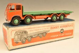Dinky Supertoys diecast model Foden Flat Truck with orange cab and green bed and hubs, 502, in