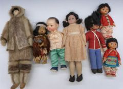 Seven various dolls including an Inuit example with leather body and real fur outfit, Copenhagen