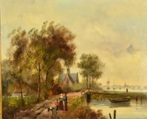 Likely Dutch oil on canvas, Continental canal or similar landscape with figures on a path and with