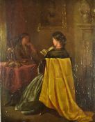 19thC oil on panel lady reading to another lady with table between them, with label and further