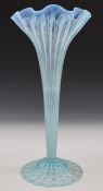 Blue glass trumpet vase with crimped rim and folded foot, height 30cm