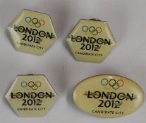 Four London 2012 Candidate City 2012 Olympic Games bid badges.  Consigned directly by David Hemery