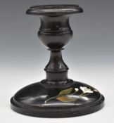 Ashbourne marble pietra dura candlesticks with decoration of a white flower, height 11cm
