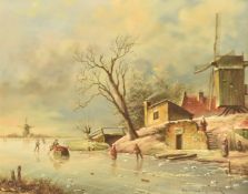 Oil on panel winter river landscape with figures skating and windmill beside cottages to the bank,