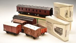 Eight 0 guage wagons and coaches comprising DJB LMS full brake in original box, LMS 6 wheel
