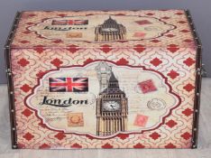 Twin handled trunk decorated with London motif, W60 x D36 x H36cm