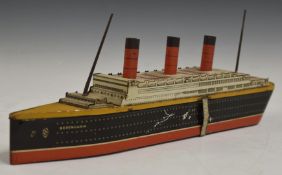 Vintage tinplate William Crawford biscuit tin formed as an ocean liner or ship named Berengaria,