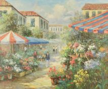 Vincent French street scene with flower market, signed lower left, 44 x 53cm, in gilt frame
