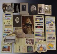 Postcards, photographs and collectables to include silk picture of Queen Victoria, stamp