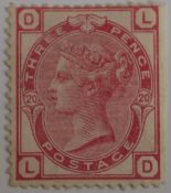 1873-80 QV SP 3d rose SG144 pl 20 cut wing margin fresh mint.