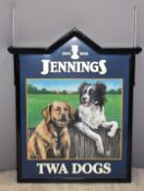 Jennings 'Twa Dogs' exterior double sided hand painted pub sign with two dogs and monogram JM.