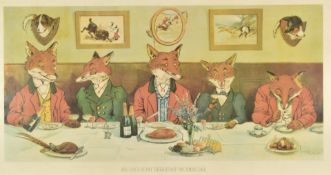 Humorous print 'Mr Fox's Hunt Breakfast on Xmas Day', 32 x 61cm, in wooden frame