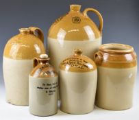 Five stoneware jars and flagons comprising Finch Bruton, Bratton Yeovil, Pick Up Bristol,