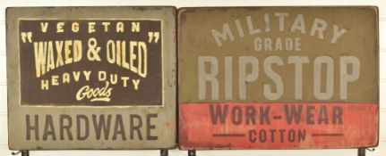 Two hand-painted vintage style signs comprising Ripstop and Vegetan, waxed and oiled heavy duty