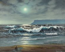 Peter Cosslett (1927-2012) oil on canvas moonlit beach scene with waves coming in, signed lower