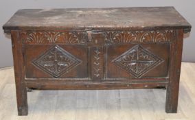 Carved elm 18thC coffer with V plank ends and candle box within, W98 x D54 x H41cm