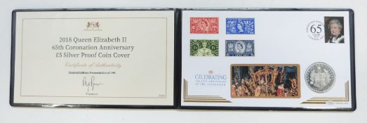 2018 limited edition 65th Coronation Anniversary £5 silver proof coin cover, in Harrington & Byrne