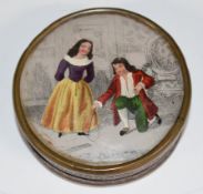 Victorian circular trinket box, the lid set with a hand coloured engraving of a lady and