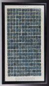 Two hundred and forty 2d blue stamps in mixed condition displayed in a large picture frame.