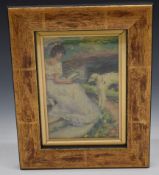 French / Italian impressionist picture of a lady reading, with dog, 15 x 10cm
