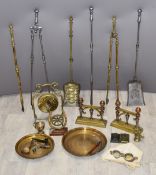 Two sets of Georgian or Victorian fire tools, pair of brass fire dogs, dinner gong and other
