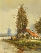 R H Slatman oil on canvas cottage on a river or canal bank with windmill beyond, signed lower left