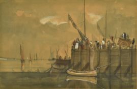Aileen Wyllie (1903-1987) watercolour maritime harbour scene with figures on a harbour wall and