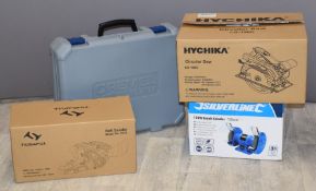 Hychika LS-190C circular saw, Tilswall 5313 belt sander, Silverline 150W bench grinder and Dremel