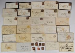 GB postal history from pre-stamp (x8), 1d black (x2 four margins & x1 four margins but torn) and