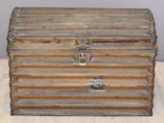 Victorian corrugated tin plate trunk, with brass plaque 'patent 4787' to lid, W68 x D46 x H45cm