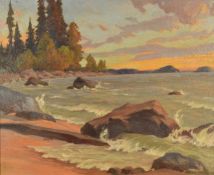 Edwin C Lockley (Canadian interest), oil on board coastal type landscape with waves coming onto a