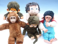 Four Jacko monkey bears and a Kenner Bubbles doll, largest 50cm tall.