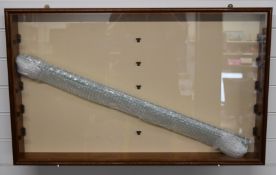 Wooden diecast vehicle or model train display cabinet with glass shelves and doors, 51 x 83 x 9cm.