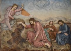 Flemish late 19th / early 20thC polychrome carved wooden panel of a religious scene depicting Jesus,