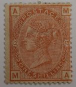 1880-83 QV SP 1s. orange-brown SG163 pl 13 M/M with gum.