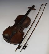 Antonio Stradivarius copy violin, with label bearing date 1690, having two piece 36cm back,