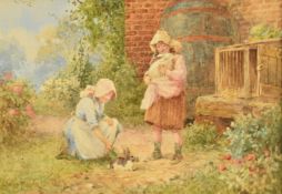 Josh Fisher (1859-1930) watercolour of a two girls petting rabbits in a garden setting, signed lower
